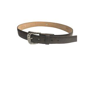 Mens Western Brown Leather Belt With Tooled Details & Embossed Silver Buckle 43"